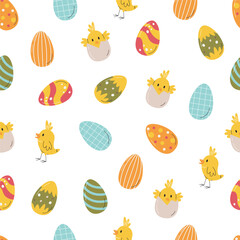 Cute chick appears from egg. Easter traditional symbols pattern design. Seamless background graphic print. Colorful easter eggs decorative festive concept. Hand drawn flat vector illustration isolated
