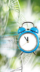clock from which particles are separated against the background of flying DNA chains.