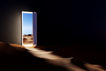 Open Door And Light Leading to Desert - Minimal concept. 3d Illustration Render