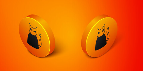 Isometric Black cat icon isolated on orange background. Happy Halloween party. Orange circle button. Vector