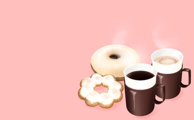 イラスト素材・ホットコーヒー&カフェオレとドーナッツ2種セット  ピンク背景 色違い・差分あり
