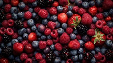 Mixture of strawberries, raspberries, blueberries, blackberries texture. Generative AI