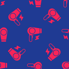 Red Hair dryer icon isolated seamless pattern on blue background. Hairdryer sign. Hair drying symbol. Blowing hot air. Vector