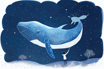 Obraz na płótnie Canvas A surreal and dreamy hand-drawn illustration of a child riding a big blue whale in a starry night sky. Generative AI