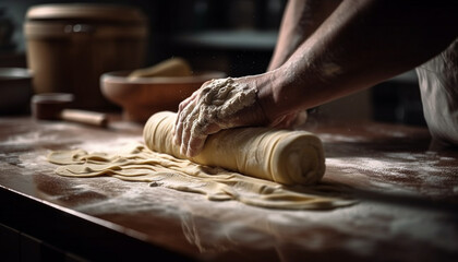 Human hands prepare fresh dough for baking generated by AI