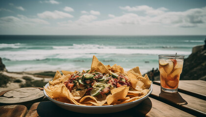 Fototapeta na wymiar Gourmet guacamole and taco feast by the beach generated by AI
