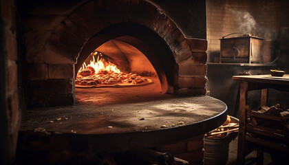 Gourmet pizza baked in rustic wood oven generated by AI