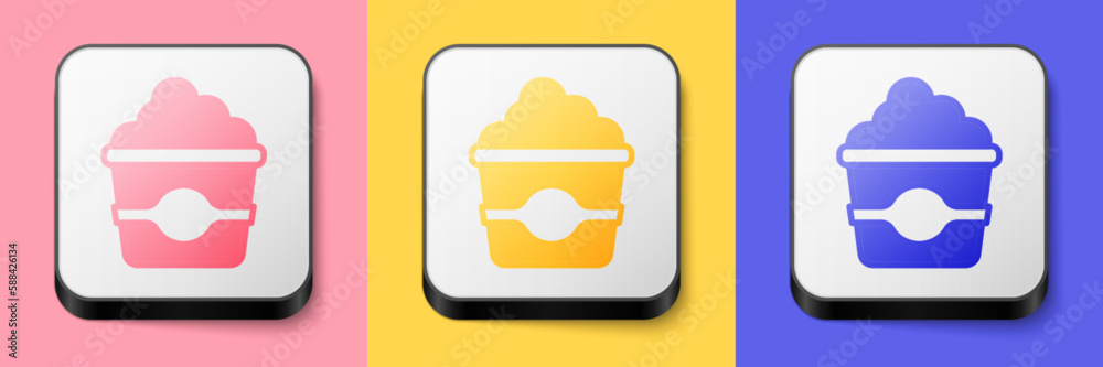 Poster Isometric Popcorn in cardboard box icon isolated on pink, yellow and blue background. Popcorn bucket box. Square button. Vector