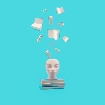 Human head with books on gradient pastel blue background. Surreal, education, study and knowledge concept