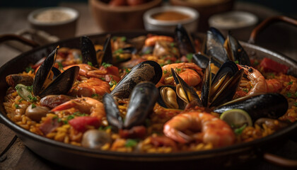 Fresh seafood paella - the ultimate gourmet meal generated by AI