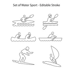 Simple Set of Water Sport Related Vector Line Icons. Contains such Icons as Riding Water Bike, SUP Boarding, Windsurfing and more. Editable Stroke.  Eps10 vector illustration.