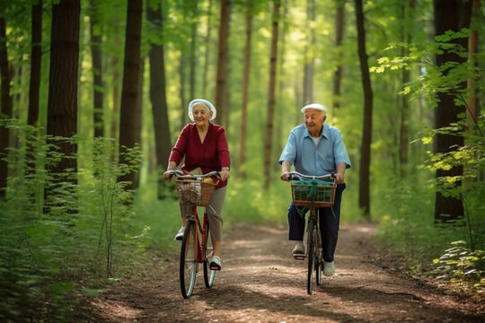 Two elderly people riding bicycles outdoors. Generative AI