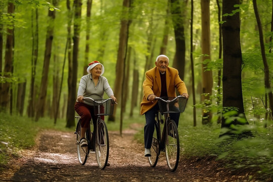 Two elderly people riding bicycles outdoors. Generative AI