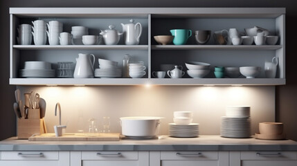 Kitchen utensils on wooden shelf.generative ai