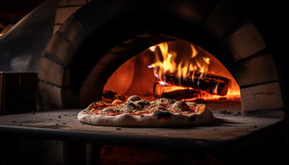Baked gourmet pizza cooked in wood oven generated by AI
