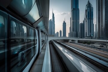 Metro railway among among glass skyscrapers. Traffic on street. Future concept. Cityscape skyline. Urban background.
