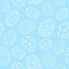 Seamless background with white contour Easter eggs on a blue background. Stylized Easter eggs with patterns