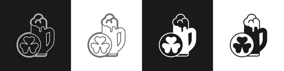 Set Glass of beer icon isolated on black and white background. Happy Saint Patricks day. National Irish holiday. Vector