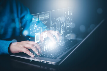 Man using laptop with global network connection with virtual modern reduce CO2 emission concept...