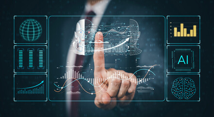 Programmer people working and touch virtual screen AI, artificial intelligence software engineer coding on laptop computers with technology icons and binary code, big data, coding Ai bot digital