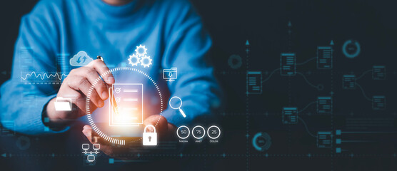 Signing electronic documents on digital documents Online, businesswoman with contract Electronic signature, e-signing, digital document management, paperless office, signing business contract concept,