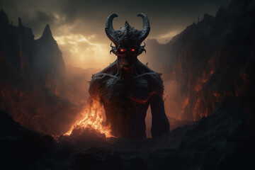 Fototapeta na wymiar Ruler of the Underworld and hell - a powerful leader of the dark realm. Fiery Lord - a cruel creature, commanding an army. Dark Master - a sinister figure, controlling shadows and darkness. 3D art