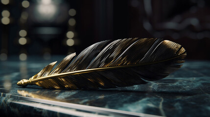 feather of a bird on a black marble background.generative ai