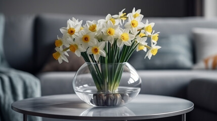 Vase with beautiful daffodils on table in living room.generative ai