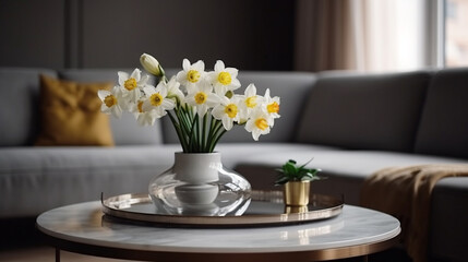 Vase with beautiful daffodils on table in living room.generative ai