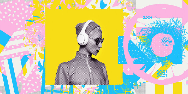 Contemporary digital collage art. Modern trippy design. Fashion party girl dj concept