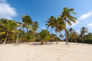 Naklejka na ściany i meble Palm trees and tropical empty sandy beach. AI generated content