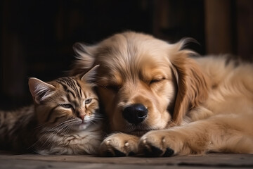 Cat and dog sleeping together. Generative AI