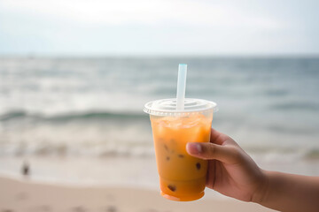 hand holding tapioca pearl bubble milk tea in a take away cup with a straw on beach background, close up. AI generated content