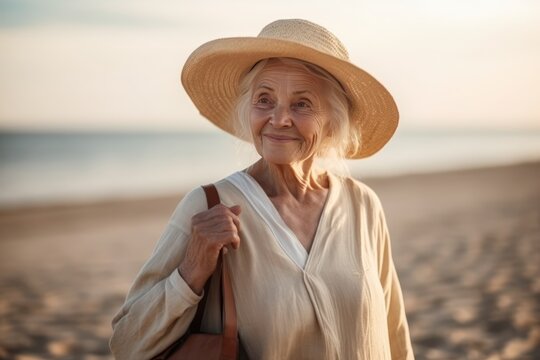 Beautiful smiling old woman with beach on background. AI Generated.