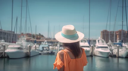 Fotobehang Young Caucasian woman in summer hat enjoying a leisurely stroll by marina with moored yachts. AI Generative © Friedbert