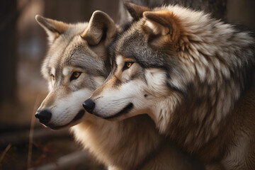 Naklejka na ściany i meble A couple of beautiful and affectionate brown wolves. Generative AI. 