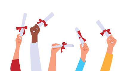graduates hold a diploma of graduation in their hands and raise it up. Illustration modern in flat style
