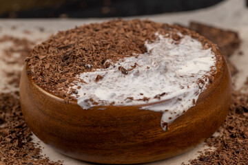 Creamy yogurt with chocolate close up