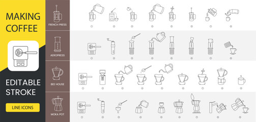 Coffee making instructions, line icon set in vector, illustrations include french press and aerpress, bee house and moka pot. Editable stroke.