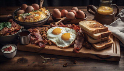 Rustic pork plate with grilled bacon slice generated by AI