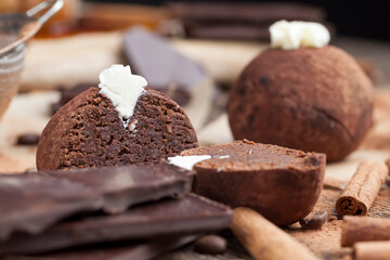 cake made of biscuit crumbs with butter cream with cocoa and sugar