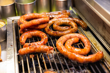 Grill pork sausage in the street market at Taiwan