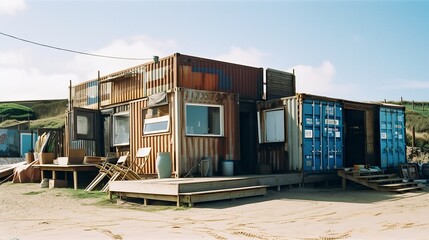 Tiny houses made out of used shipping containers with wooden external cladding, glamping, glamorous camping, AI generative