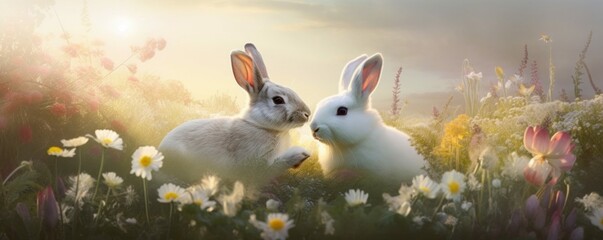 Playful Rabbits & Spring Flowers - Generative AI