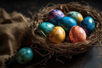 Fototapeta na wymiar Colorful Easter Nest with Eggs - Generative AI