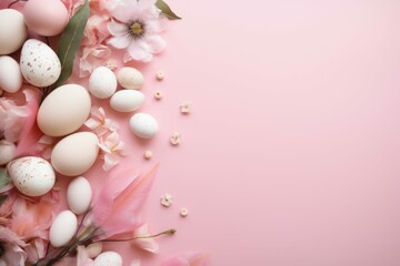 Pink Easter Background with Eggs & Flowers - Generative AI