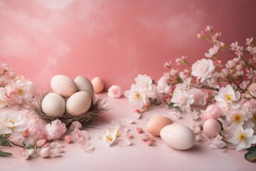 Naklejka na ściany i meble Pink Easter Background with Eggs & Flowers - Generative AI