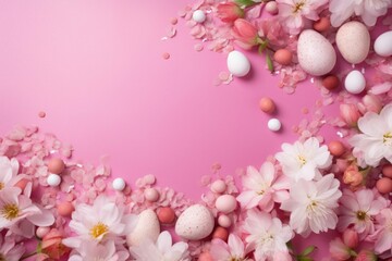 Fototapeta na wymiar Pink Easter Background with Eggs & Flowers - Generative AI