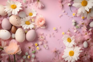 Obraz na płótnie Canvas Pink Easter Background with Eggs & Flowers - Generative AI