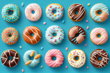 Side border of assorted donuts with frosting and sprinkles. Generative Ai